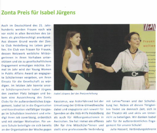 Berichterstattung im Jahrbuch des Englischen Instituts zur Verleihung des YWPA an Isabel Jürgens
